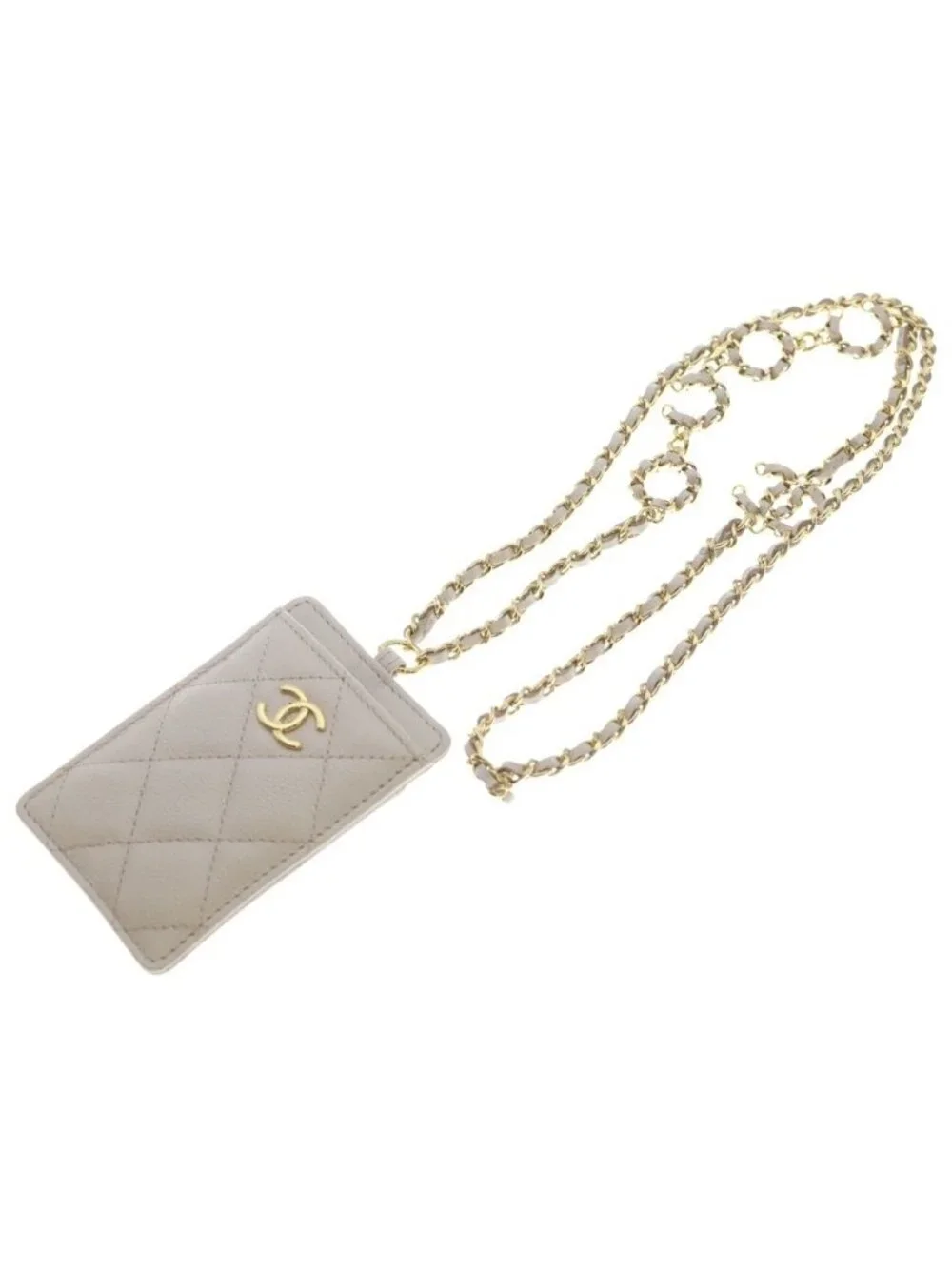 Chanel CC Logo Quilted Caviar Leather Gold Chain Card Slot Pass Case Beige